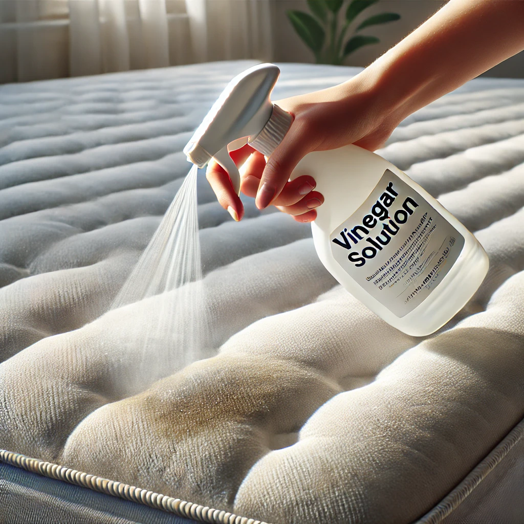 Person spraying vinegar solution on a mattress stain