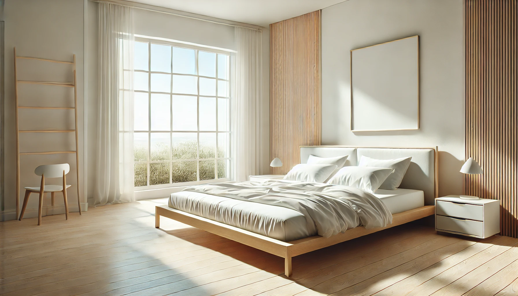 Fresh, clean bedroom with white bedding and sunlight streaming through the window