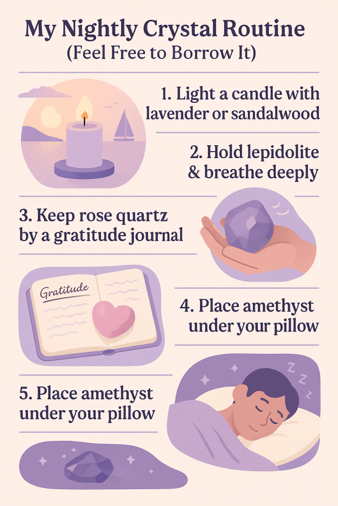 Infographic titled 'My Nightly Crystal Routine (Feel Free to Borrow It)' showing five calming bedtime steps using crystals: lighting a lavender or sandalwood candle, holding lepidolite and breathing deeply, journaling with rose quartz, placing amethyst under a pillow, and sleeping peacefully. Illustrated with soft pastel graphics of a candle, hand holding a crystal, gratitude journal, and a person sleeping.