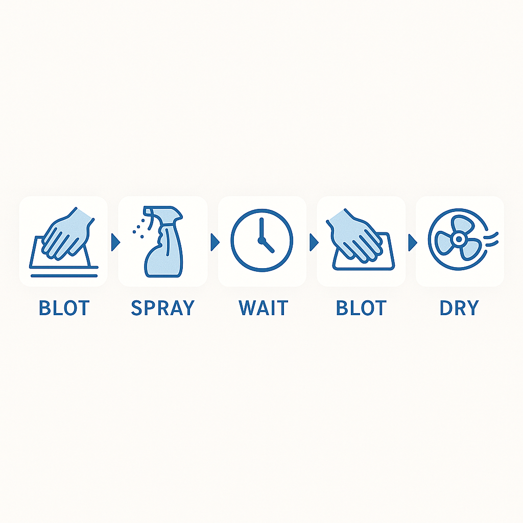 Infographic-style illustration showing 5 key cleaning steps in a horizontal flow: blot, spray, wait, blot, dry - simple icons with clean blue and white color scheme, modern flat design, professional appearance