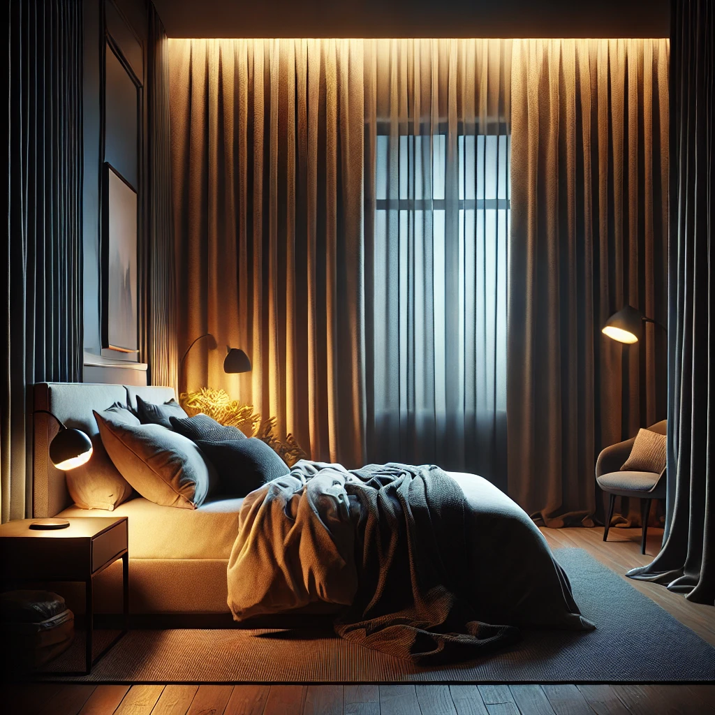 Sleep Routine: Blackout curtains creating a dark sleep environment.