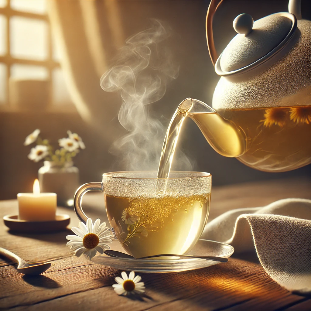 Chamomile tea being poured, aiding sleep.