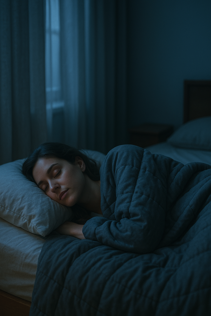 Woman peacefully asleep under a gray weighted blanket in a softly lit cool bedroom
