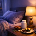 Nighttime bedroom with warm lighting and magnesium on a bedside table