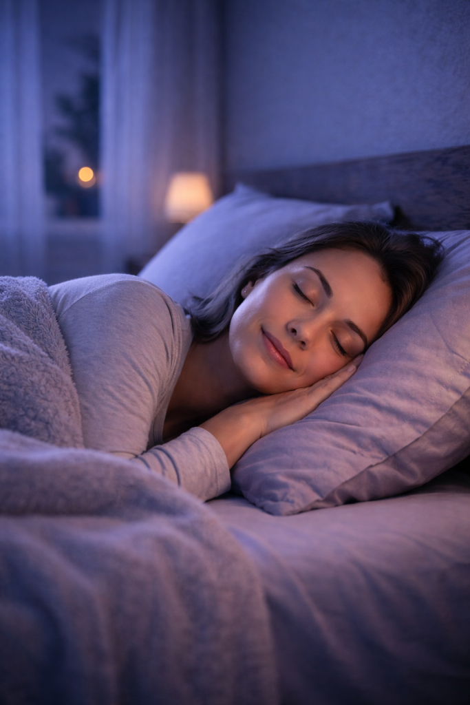 Person sleeping peacefully in a dim bedroom