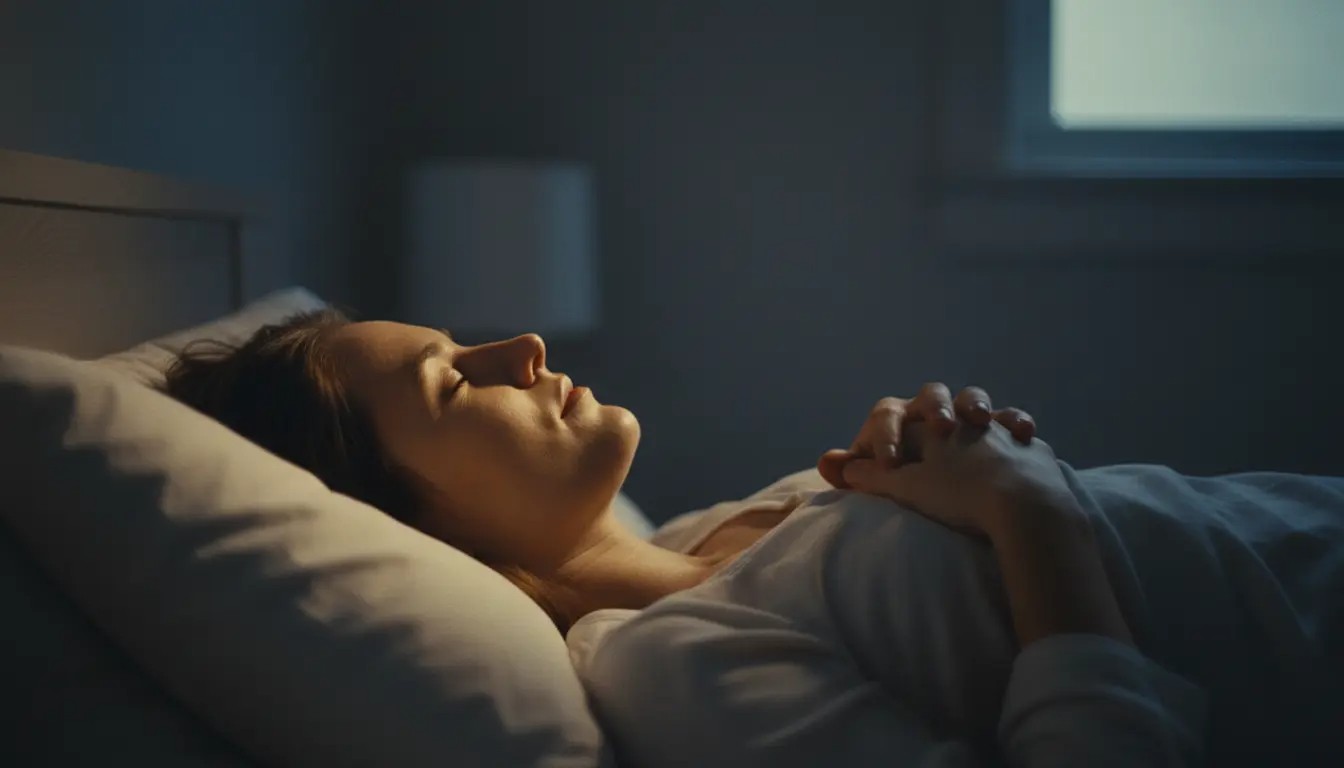 Person lying still and calm in bed at night