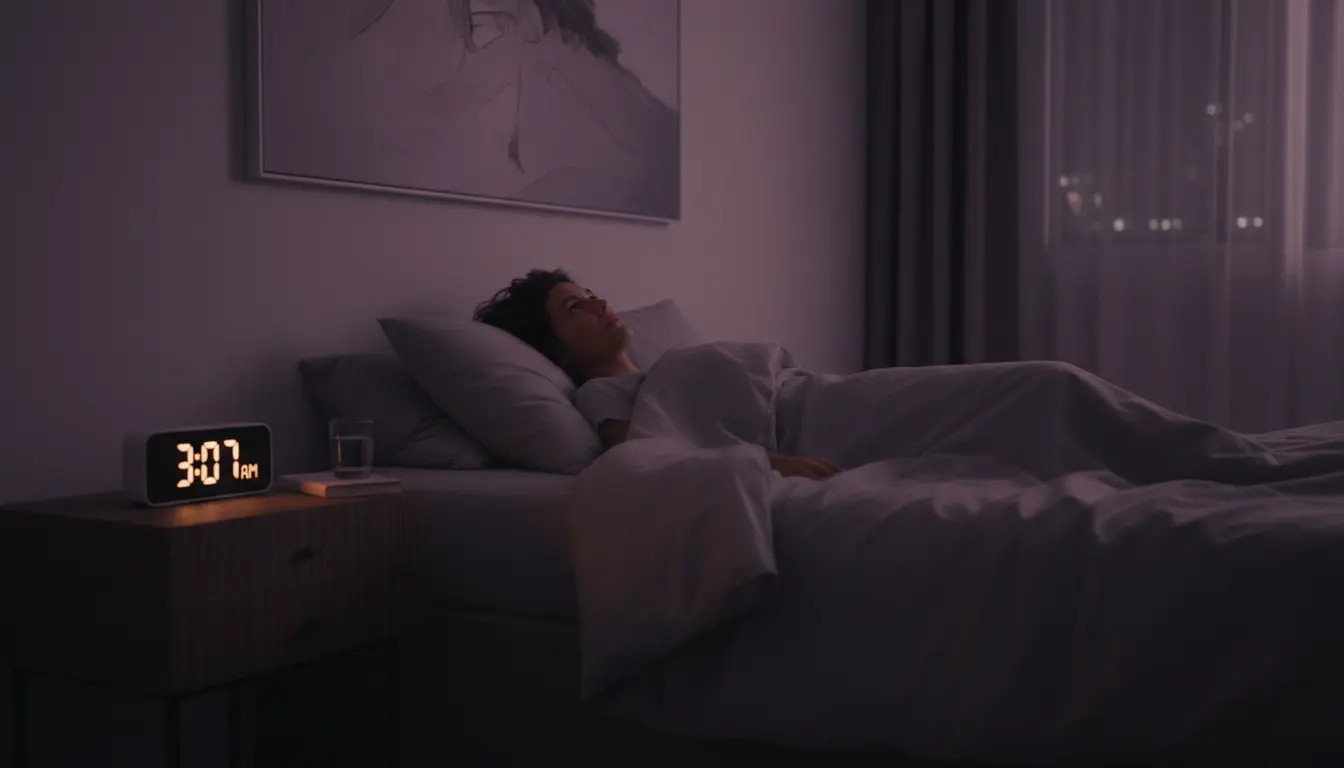 Person lying awake in a dark bedroom wondering about waking at 3AM