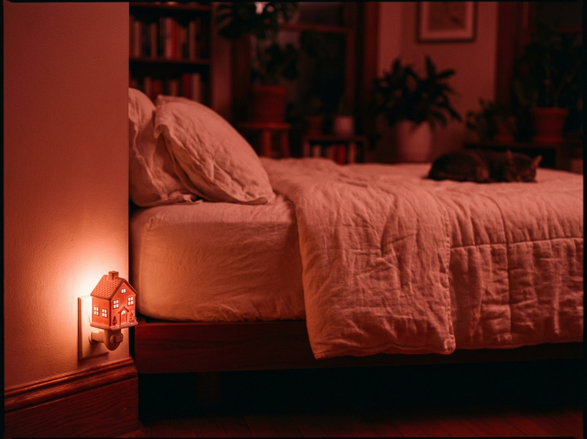 A bedroom at night softly lit by a red night light for sleep near the baseboard