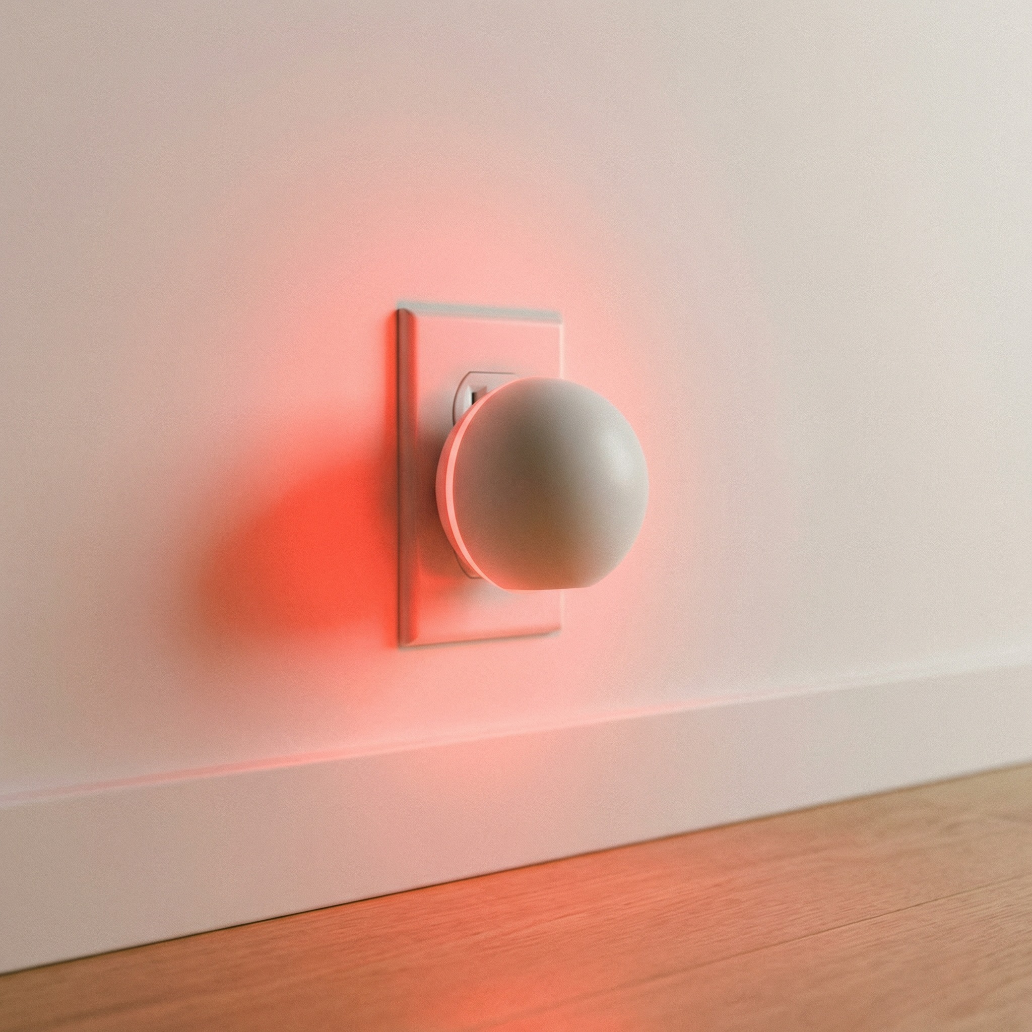 A plug-in red night light glowing softly in a white wall outlet