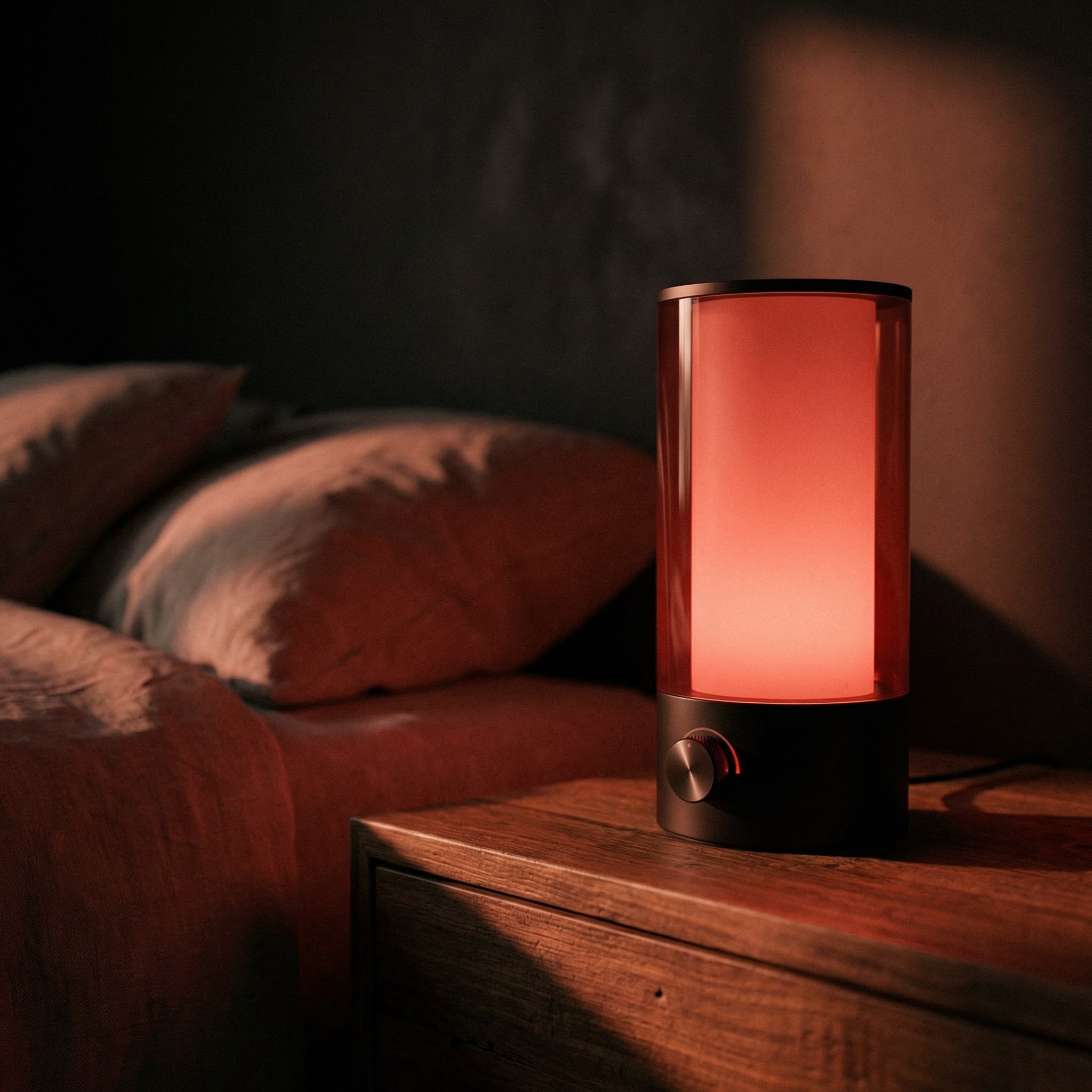 A dimmable bedside lamp emitting a warm red sleep-friendly glow on a nightstand