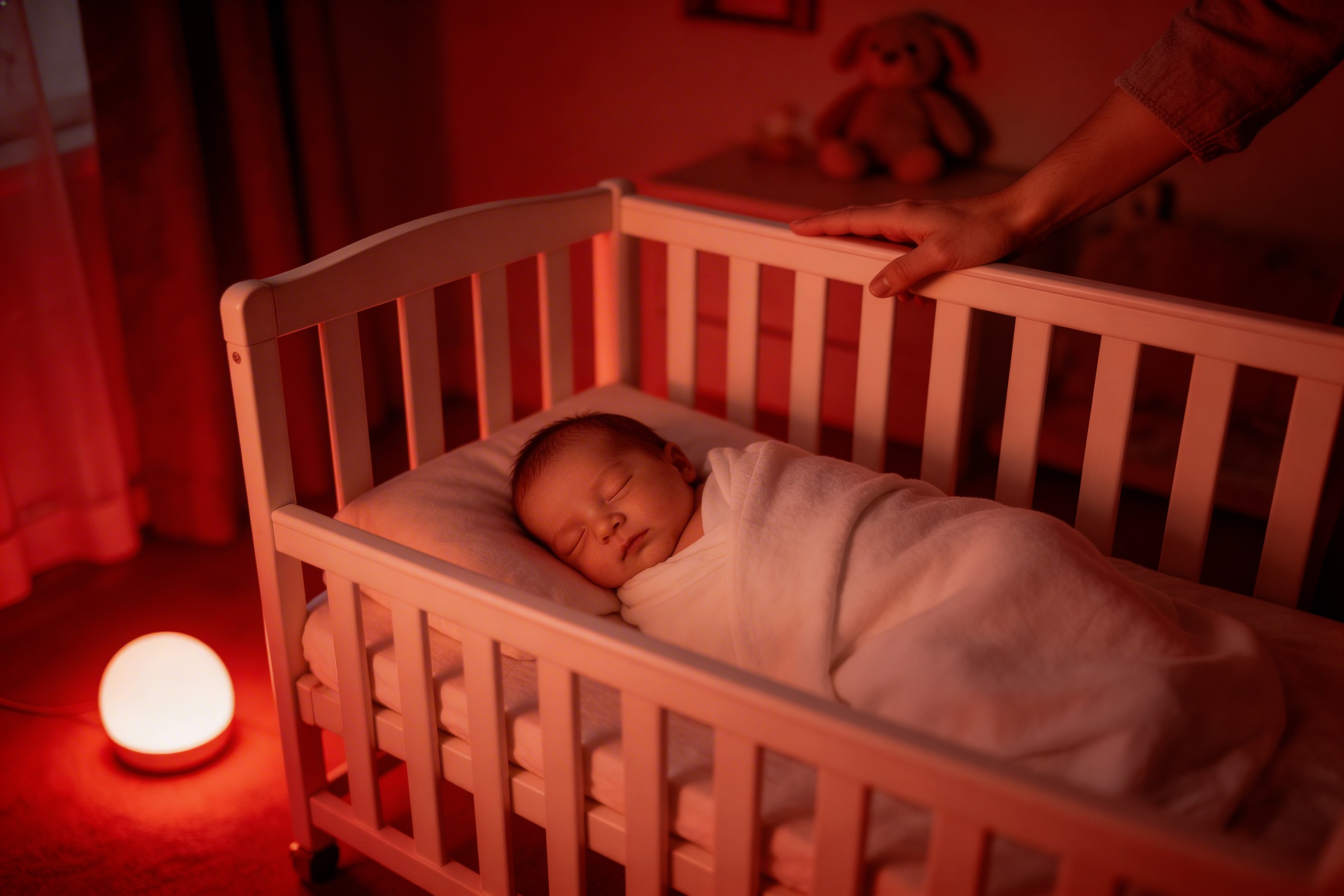 A nursery lit by a soft red night light while a baby sleeps peacefully