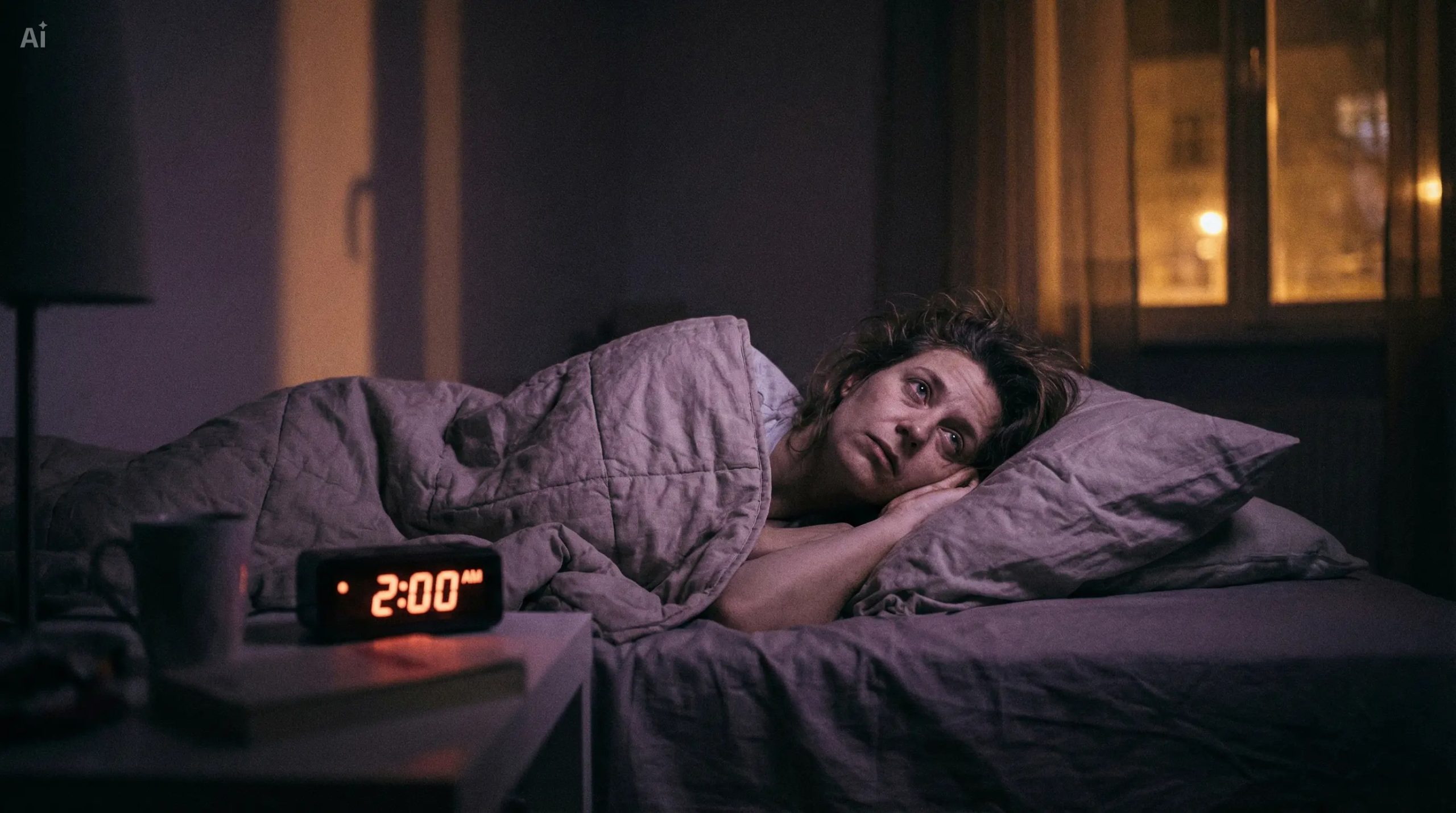 Person lying awake in bed after waking up after 4 hours of sleep