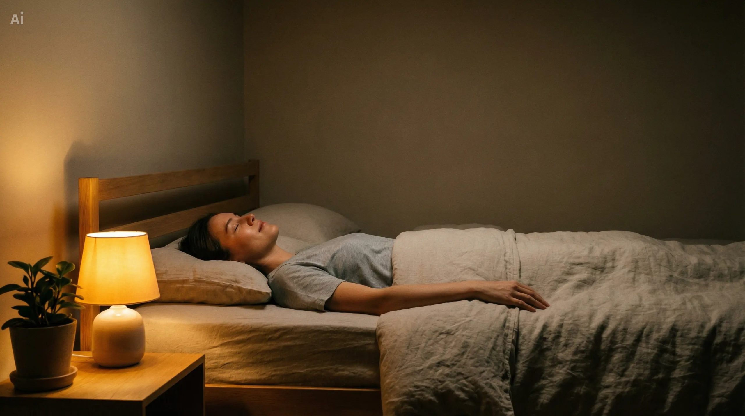 Person lying calm and still in bed in the middle of the night