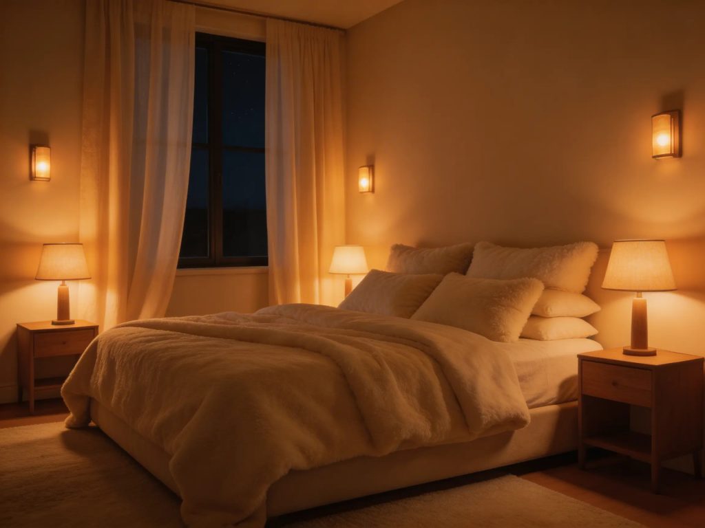 Bedroom with dim amber light for middle-of-the-night wake-ups