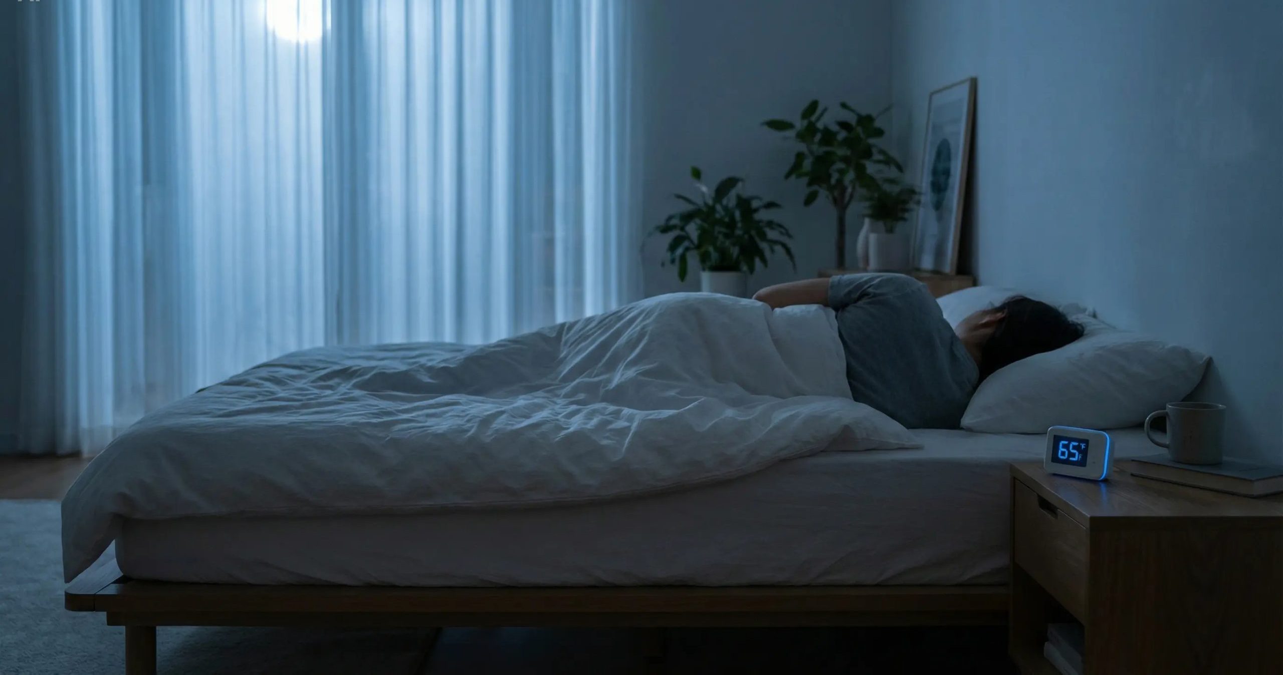 A cool, minimalist bedroom set to the optimal sleep temperature of 65 degrees Fahrenheit