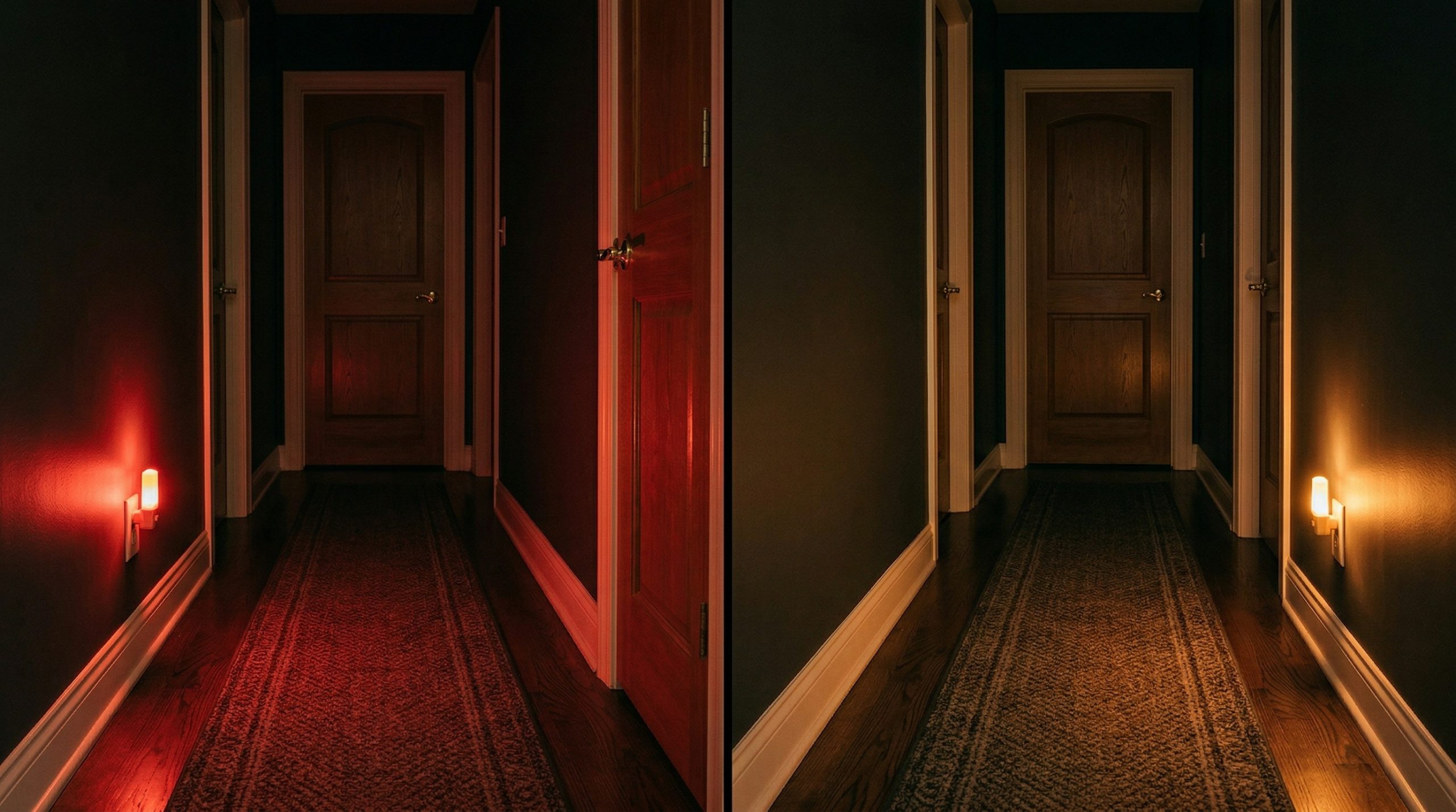 Comparison of red and amber night light glow in a dark residential hallway
