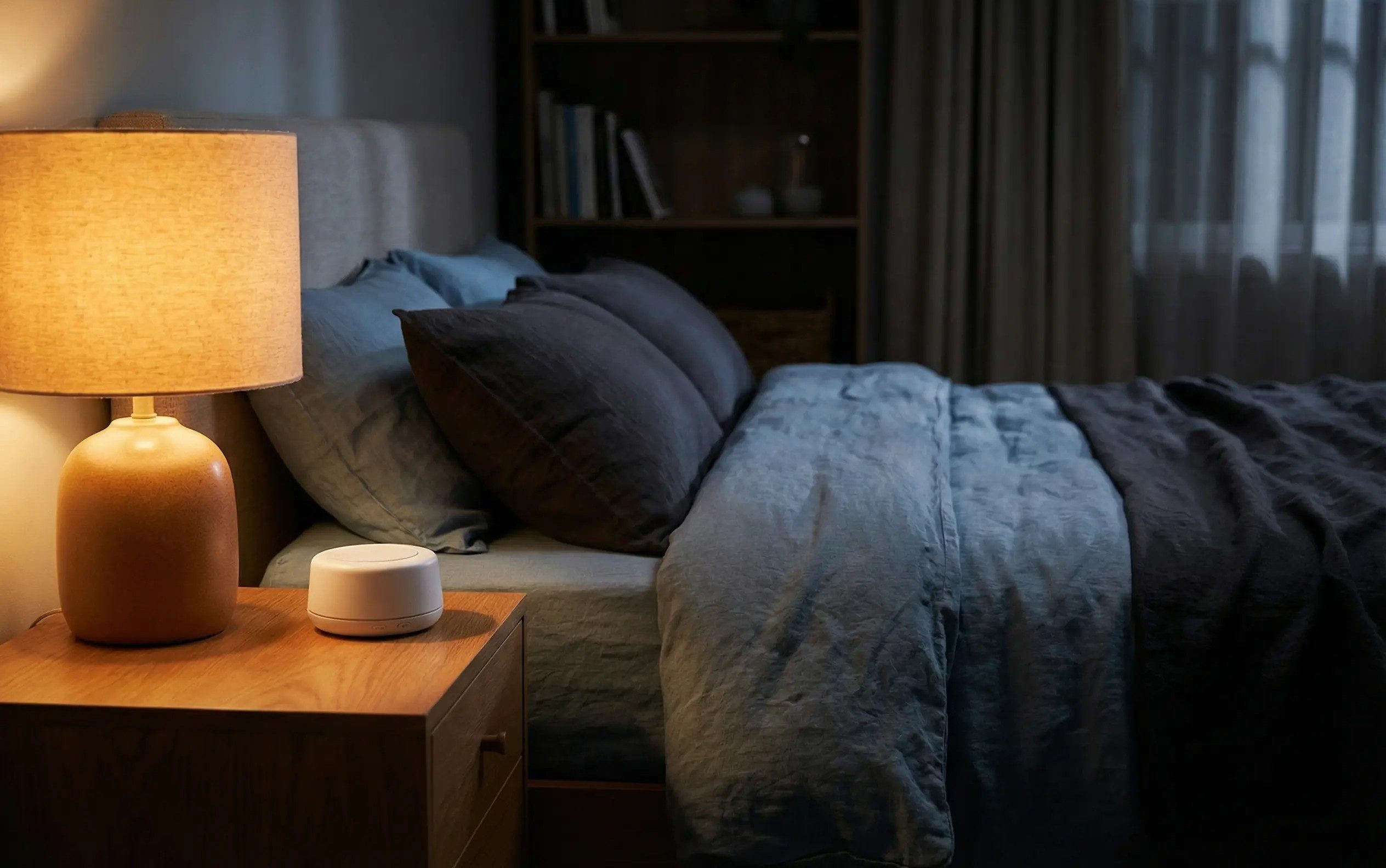 White noise machine on bedside table in a calm dark bedroom to reduce night waking