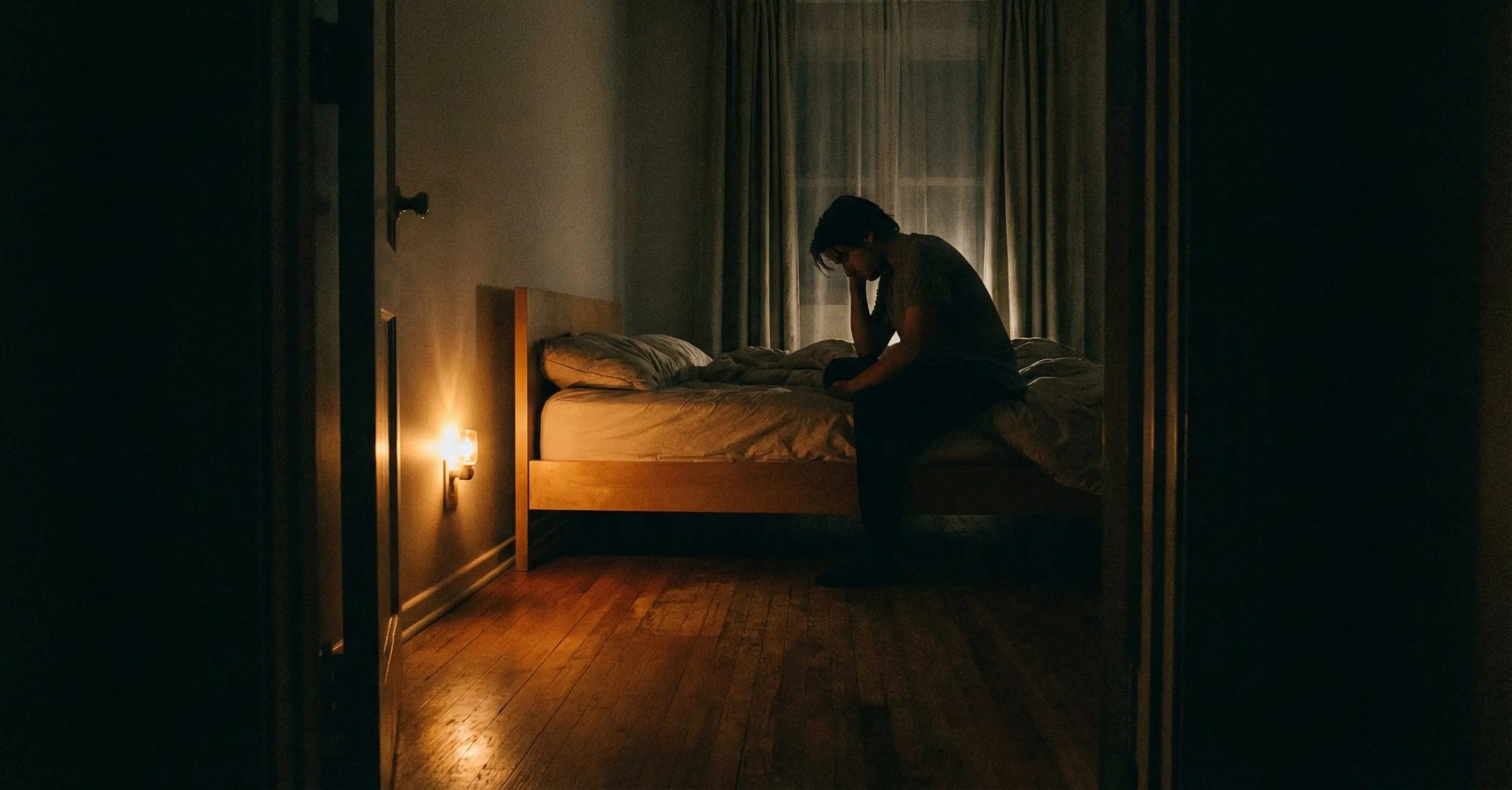 A person sitting on the edge of their bed at 3AM unable to fall back asleep