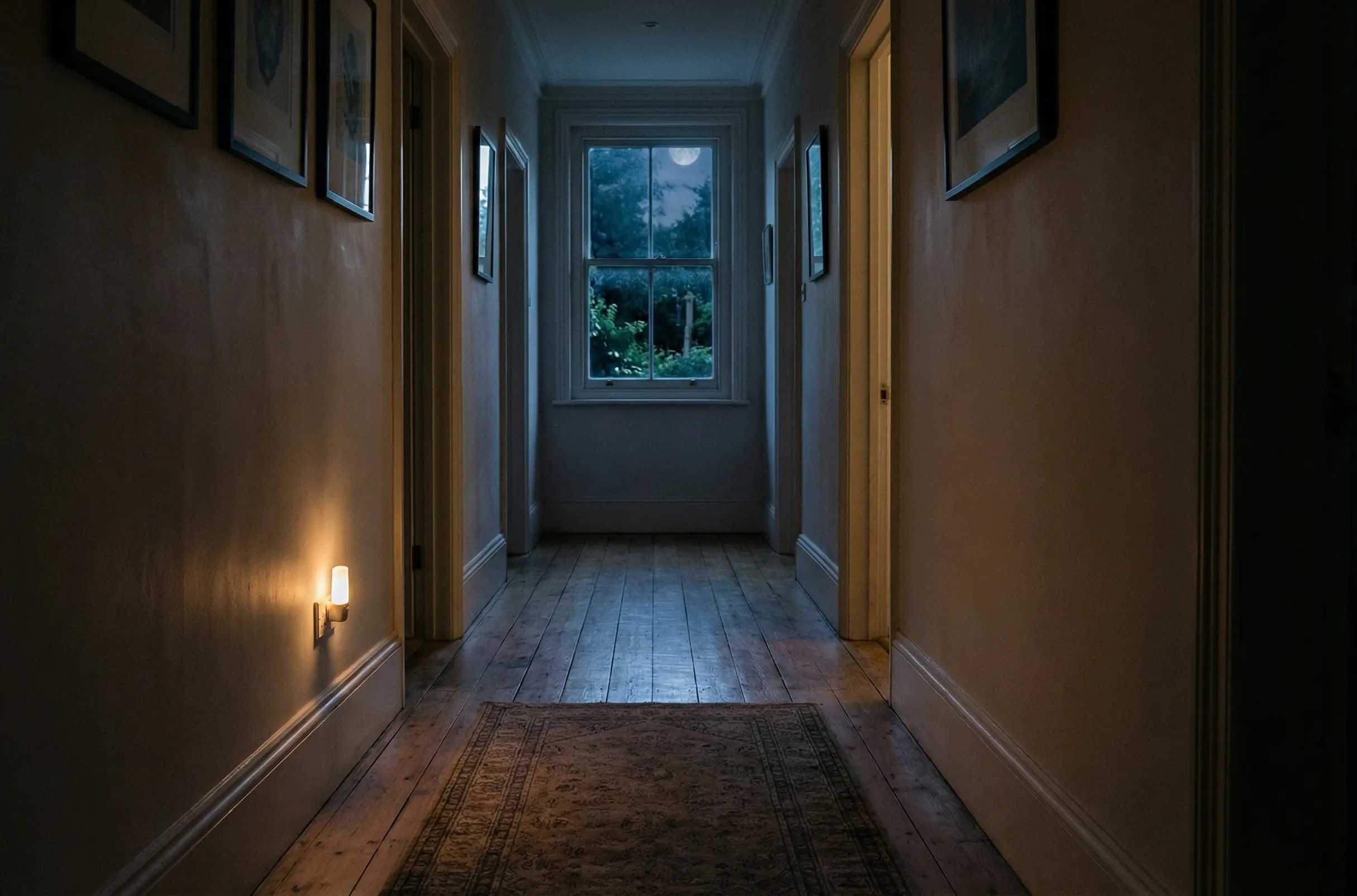 A dim amber night light in a dark hallway — the safest lighting option when waking up at night to use the bathroom