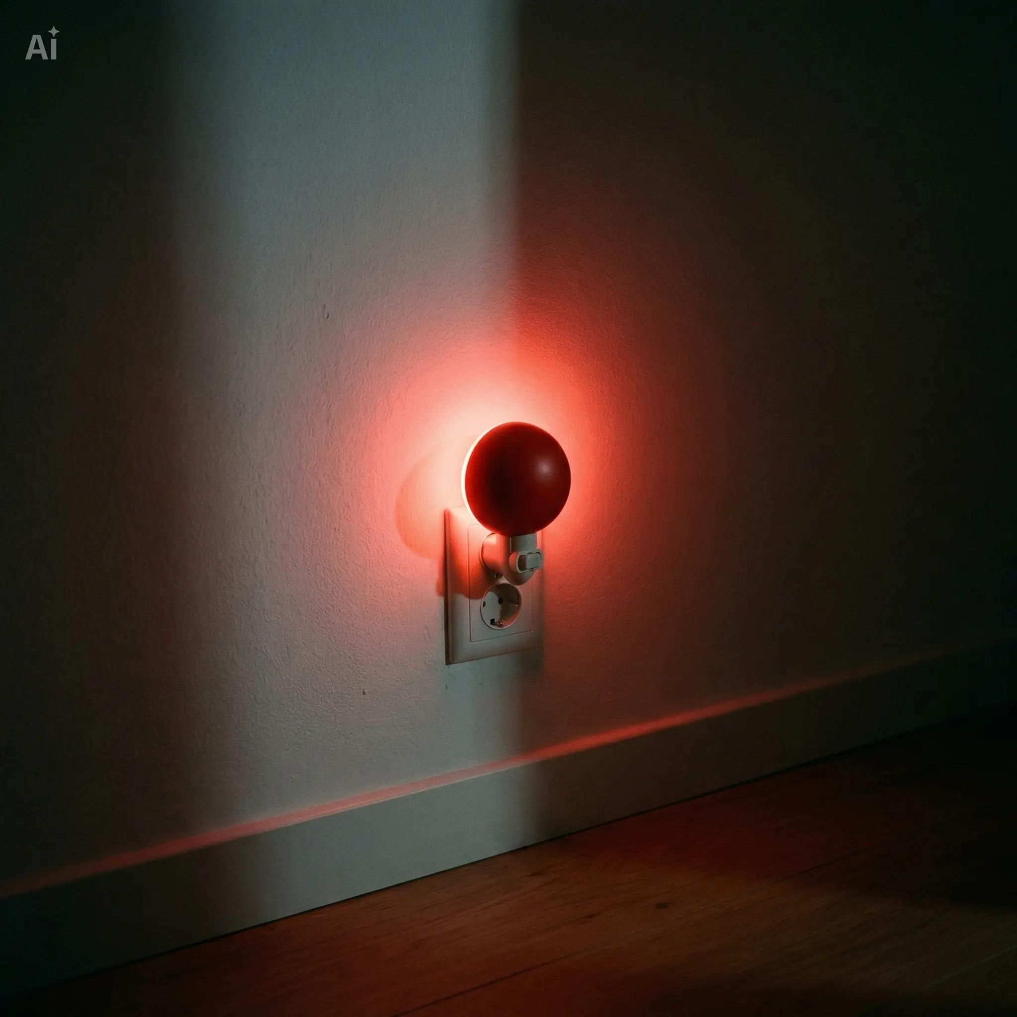 A dim red amber night light glowing in a dark room — the safest lighting choice when getting up at night