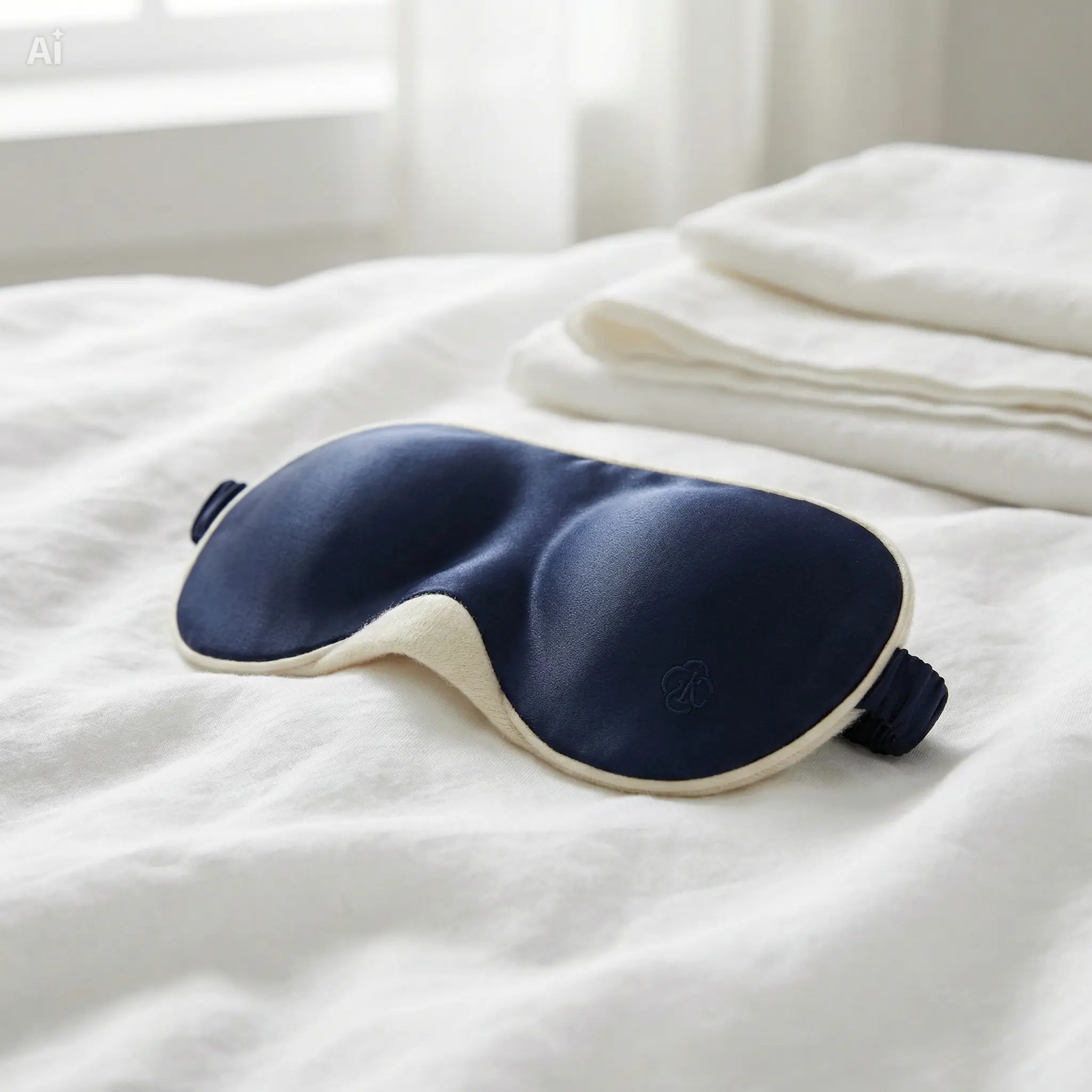 A contoured sleep mask on white bedding — recommended for blocking light that disrupts sleep after waking up at night