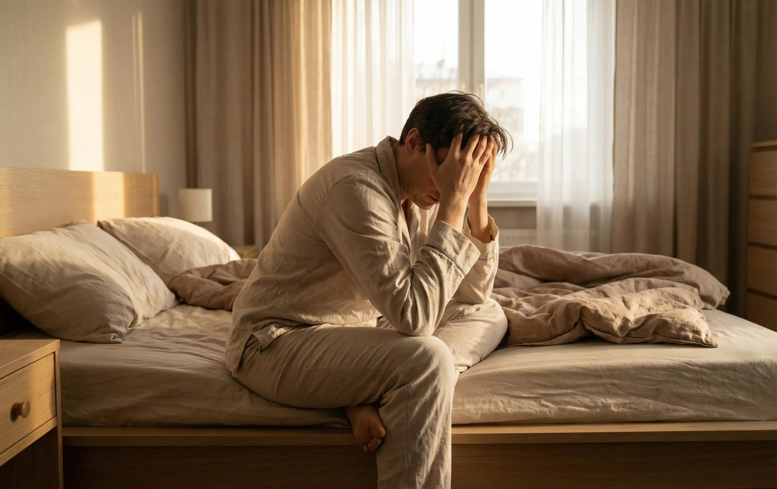Person sitting on edge of bed exhausted from waking up at night multiple times