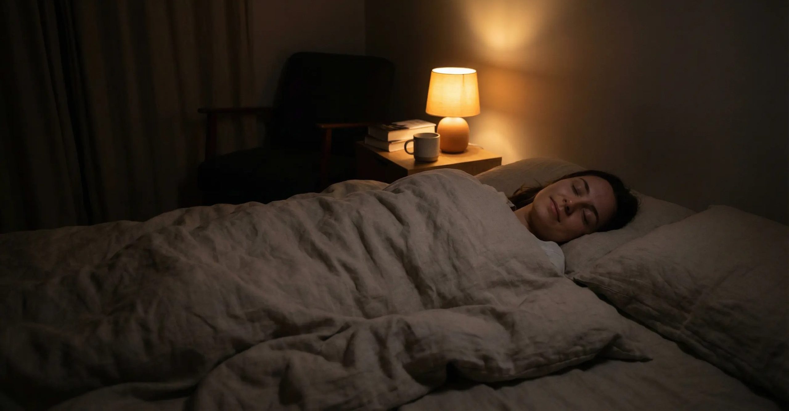 A person practising progressive muscle relaxation in bed to help fall back to sleep
