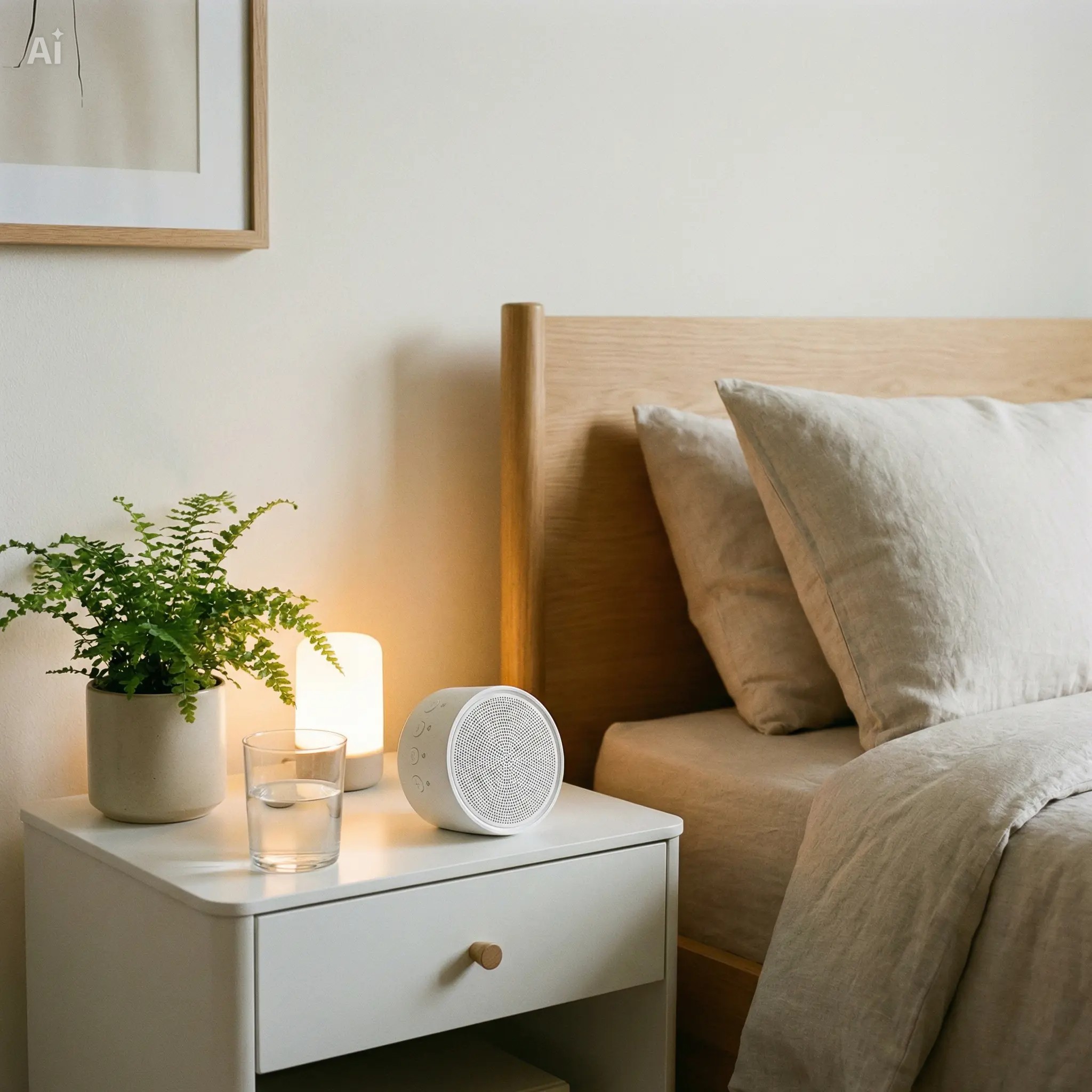 White noise sound machine on a bedside table to help mask noise and prevent night waking